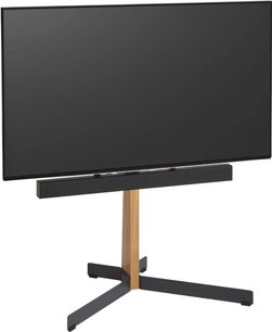 Wspornik ścienny na telewizor Vogel's TVS 3695, dębowy, czarna płaska obudowa, jasna drewniana noga centralna, czarna prostokątna podstawa