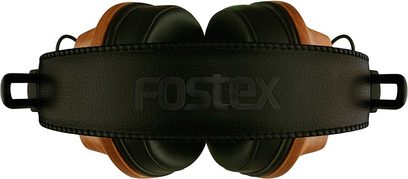 Sluchátka Fostex T60RP s otevřenou konstrukcí, pohled zepředu, černý kožený oblouk s logem, dřevěné náušníky a černé polstrování