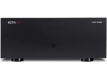 IOTAVX AVXP 2-840 high-fidelity power amplifier, black metal finish, smooth minimalist front panel, small centered square button, IOTAVX logo at the top left and model name at the top right, front view