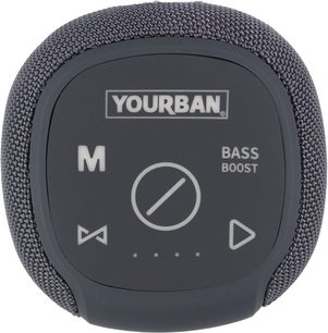 Yourban Getone 48 harmaa bluetooth-kaiutin, edestä katsottuna, teksturoitu pinta, painikkeet M, bass boost, toisto, pyöreä kuvio