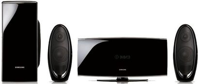 Samsung HT-X620 black home theater system consisting of a subwoofer and two compact speakers on either side