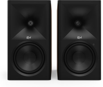 Coppia di diffusori Klipsch The Sevens II noce, frontale nero con tromba quadrata e grande woofer, vista frontale