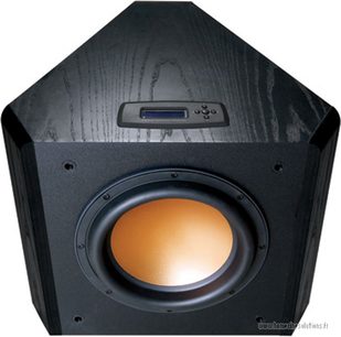 Klipsch RT-10d sort subwoofer, set forfra, orange højttaler i midten omgivet af en sort ottekantet ramme