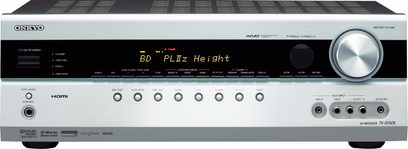 Amplificatore home theater Onkyo TX-SR508, pannello frontale, display blu "BD PLIIz Height", pulsanti, manopola volume, presa cuffia, porta USB