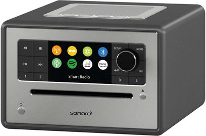 Sonoro Smart Radio graphitgrau und silber, Frontansicht, Bildschirm mit farbigen Symbolen auf schwarzem Hintergrund