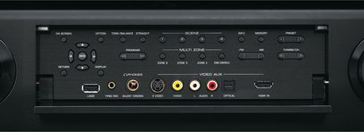 Yamaha RX-V3067 sort hjemmebiografsforstærker, frontpanel, forfra. Sort frontpanel med knapper, drejeknapper, porte og LCD-skærm