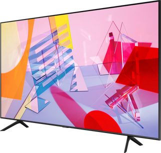 Samsung QE75Q60T 2020 televisie, plat scherm, dunne zwarte behuizing, geometrische kleurrijke vormen, rood en blauw overheersend