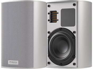 Vezeték nélküli Piega Ace 30 Wireless (TX + RT) hangszóró ezüst színben, elölről és hátulról látható, perforált rács, kör alakú hangszóró