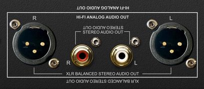 Analog og digital XLR-stereolydtilslutning på en sort elektronisk enhed, tæt forfra-visning
