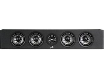 Caixa acústica central Polk Audio R350 preta, 4 alto-falantes circulares, 1 tweeter, vista frontal