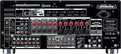 Onkyo TX-RZ820 sølvfarvet hjemmebiograf-forstærker, frontpanel, frontvisning, mange stik og knapper, central LCD-skærm