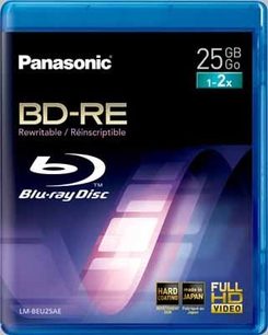 Panasonic BD-RE 25 GB 1-2x overskrivelig Blu-ray-disk, blå æske med logo og tekniske specifikationer i hvidt og guld