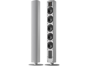 Trådløs tilkoblet høyttaler Piega Ace 50 Wireless (TX + RT), sett forfra og fra siden, 5 høyttalere, sirkulær sokkel