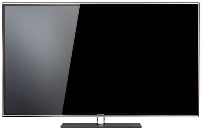 Samsung UE46D6500 Fernseher ausgeschaltet, glänzender schwarzer Flachbildschirm, schlanker silberner Rahmen, leicht seitliche Frontalansicht