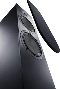 Diffusore da pavimento Canton GLE 70 S2 nero, primo piano del frontale con due altoparlanti, tweeter e griglia in tessuto rimossa