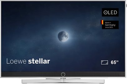 Loewe Stellar 65 DR+ OLED-televisie grijs, vooraanzicht met scherm met dunne rand, geïntegreerde soundbar en centrale voet