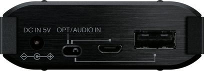 Onkyo DAC-HA200 sort audio-konverter, set forfra, med DC IN 5V, OPT/AUDIO IN og USB type C-port