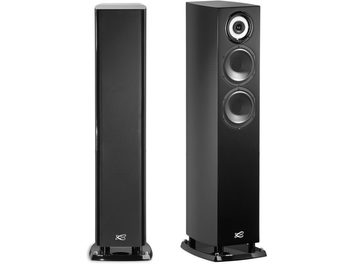 Cabasse Egéa 3 black lacquered column speaker, front and side view, rectangular glossy black cabinet, 3 round speakers