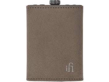 iFi Audio Hip Dac 3 pelēka zamšāda izskata maciņš, skats no priekšpuses, šuves, augšā melns rullītis, izšūts logotips