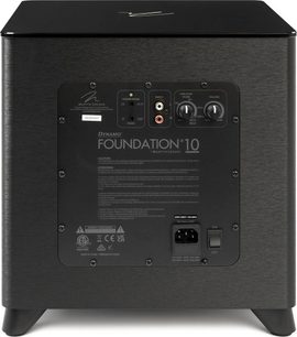 Dynamo Foundation 10 subwoofer set bagfra, rektangulært sort tilslutningspanel med porte, knapper og inskriptioner