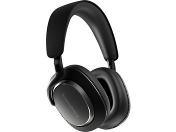 Melni Bowers & Wilkins ap ausīm liekami austiņu uzliktņi ar matēta plastmasas slēgtām korpusa daļām un teksturētām malām, polsterēta galvas stīpa ar auduma pārklājumu, trīs ceturtdaļu skats