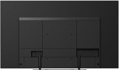 Sony KD-55AG8 sort fladskærms-TV, set forfra, skærm slukket, 3 rum under skærmen, støtteben i enderne