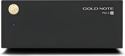 Separat hi-fi-strømforsyning Gold Note PSX-5 2 svart med ren front, gullfarget logo, medaljong og blå LED-indikator