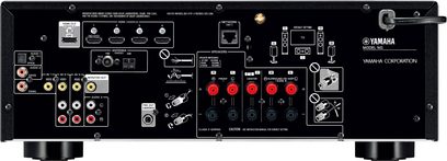 Yamaha RX-V483 titanium home theater amplifier, front view, front panel connections and controls, central display