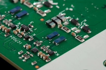 Grønt kretskort med mange små lodde elektroniske komponenter, inkludert motstandere og kondensatorer