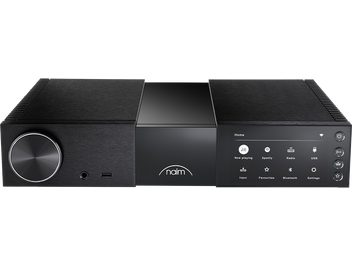 Preamplificatore stereo Naim Audio NSC 222, chassis rettangolare nero opaco, pannello frontale con display LCD, manopole e pulsanti