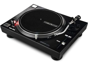 Hi-fi винилова грамофонна плоча Reloop RP 7000 MK2 черен, изглед отгоре, черен плотер, тонарм, сребристи бутони и копчета