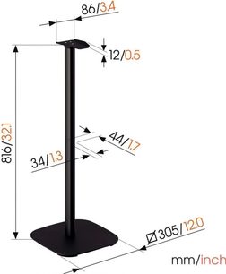Suporte para coluna Vogel's SFS 4133 preto, com haste fina e base quadrada com cantos arredondados, com dimensões indicadas