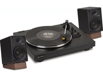 Schwarzes Rekord-Vinylplattenspieler-Set mit Schallplatte und zwei schwarzen Lautsprechern auf Sockeln in Holzoptik