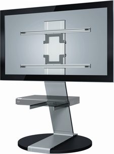 Vogel's Thin 340 TV-møbel, grå metalfod med hældning, sort base, sort fladskærmsbeslag, minimalistisk design