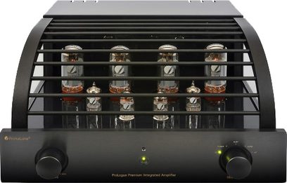 Hi-fi stereo zesilovač PrimaLuna ProLogue Premium EL-34 černý. Přední panel s 8 elektronkami, černá mřížka, 2 ovládací knoflíky a zelená kontrolka