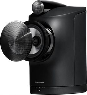 Bowers & Wilkins Formation Duo højttaler i sort, set forfra, med sfærisk diskant på cylindrisk mat sort højttaler