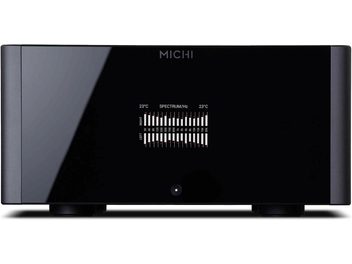 Amplificator de putere Rotel Michi, vedere frontală, ecran afișând un spectru de frecvențe, finisaj negru