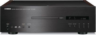 Yamaha CD-S1000 sort CD-afspiller, sort front med knapper og display, mørke træsider, set forfra
