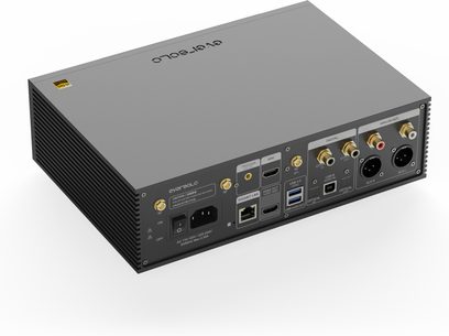 Мережевий аудіоплеєр EverSolo DMP-A6 Gen 2, вид ззаду під кутом, роз'єми RCA, XLR, HDMI, USB, LAN, оптичні та живлення