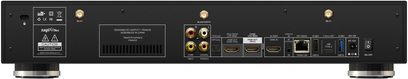 Zappiti Neo sort multimedie-afspiller, set forfra, bagpå med tilslutninger som HDMI, lyd, USB, Ethernet, strømforsyning