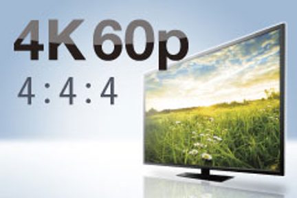 4K 60p-tv-skærm, der viser et solbeskinnet, blomstrende englandskab med teksten "4K 60p 4:4:4" lagt ovenpå, set forfra