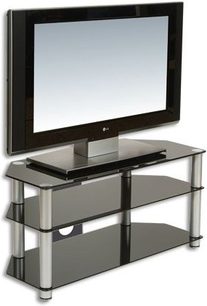 Ateca AT130 lyd- og videomøbel i glas og metal, 3 hylder, TV-stander, sort og sølvfarvet, set forfra i let fugleperspektiv