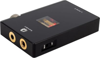 Convertitore audio portatile EarMen L-Amp II nero, con finestra superiore, due prese per cuffie dorate e selettore di guadagno