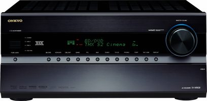 Onkyo TX-NR808 sort home cinema-forstærker, sort front med blåt display, oplyste knapper, stik og kompatibilitetslogoer