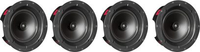Čtyři zapuštěné stropní reproduktory PSB CS805 v černé barvě, plastový rám, woofer s centrálním tweeterem, pohled zepředu