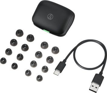 ATH-TWX7 in-ear hovedtelefoner, sort etui med logo, 12 ørepropper i forskellige størrelser, sort USB-C til USB-A kabel