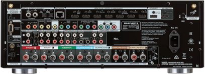 Ampli home-cinéma Marantz SR5014 noir, face arrière, connectique audio/vidéo, ports HDMI, antennes Wi-Fi/Bluetooth