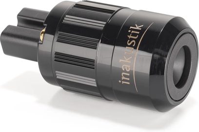 Strømadapter C15R plugg DRUCK, sylindrisk, svart, glatt og riflet overflate, svarte kontakter, synlig gyllent detalj.