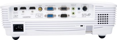 Optoma HD30 videoprojektor, set forfra, hvid, HDMI VGA RS-232 lyd-tilslutninger, fjernbetjening, ventilationsgitre