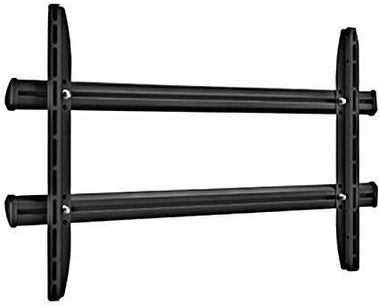 Black metal wall-mount TV stand, front view, consisting of two vertical bars connected by two horizontal bars